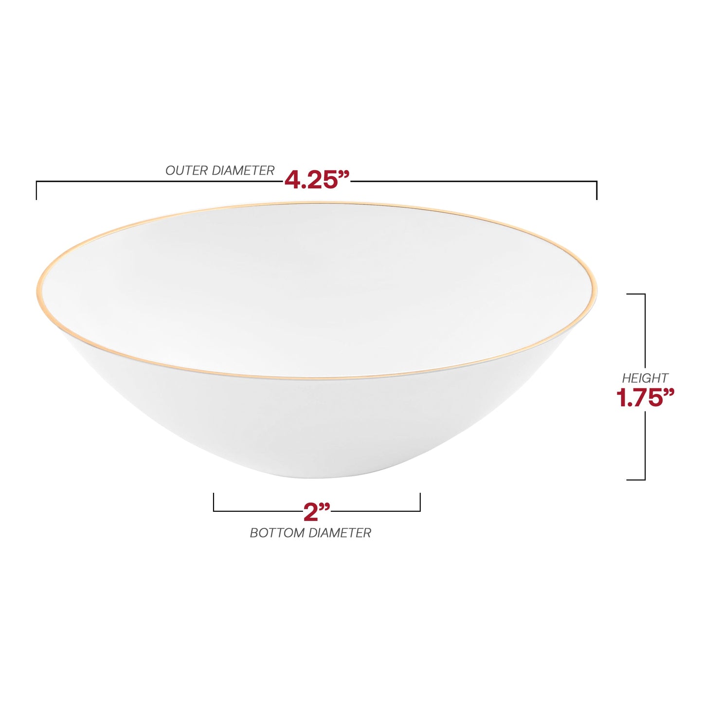 6 oz white round disposable dessert bowls with a decorative gold rim