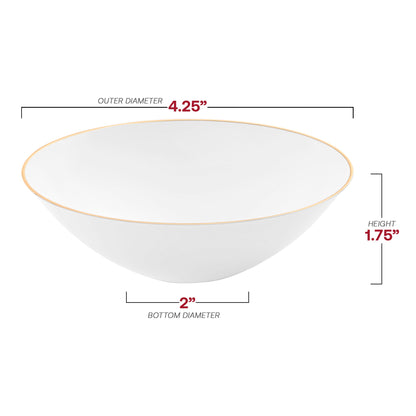 6 oz white round disposable dessert bowls with a decorative gold rim