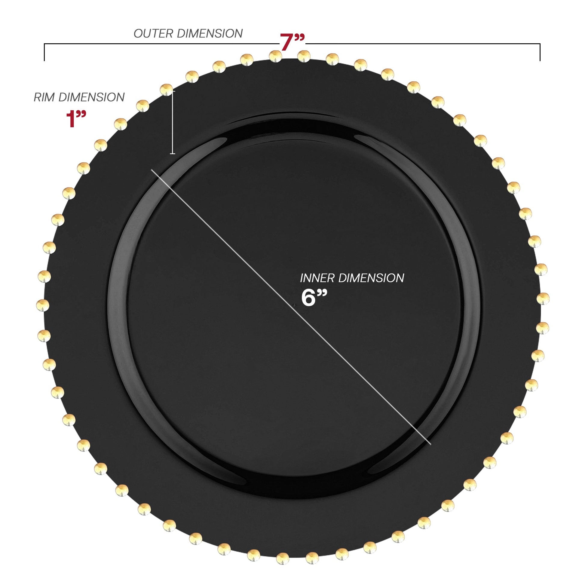 7-inch black disposable salad plates with a decorative gold pearl string edge