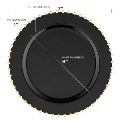 7-inch black disposable salad plates with a decorative gold pearl string edge