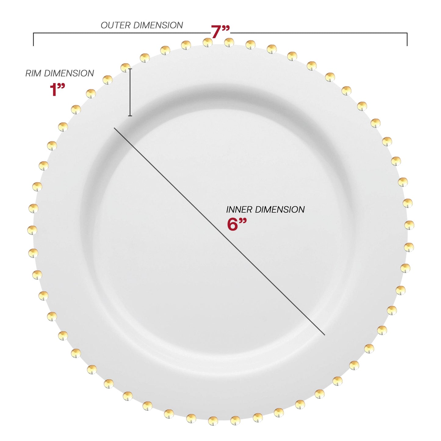 7-inch white disposable salad plates with a decorative gold pearl string edge