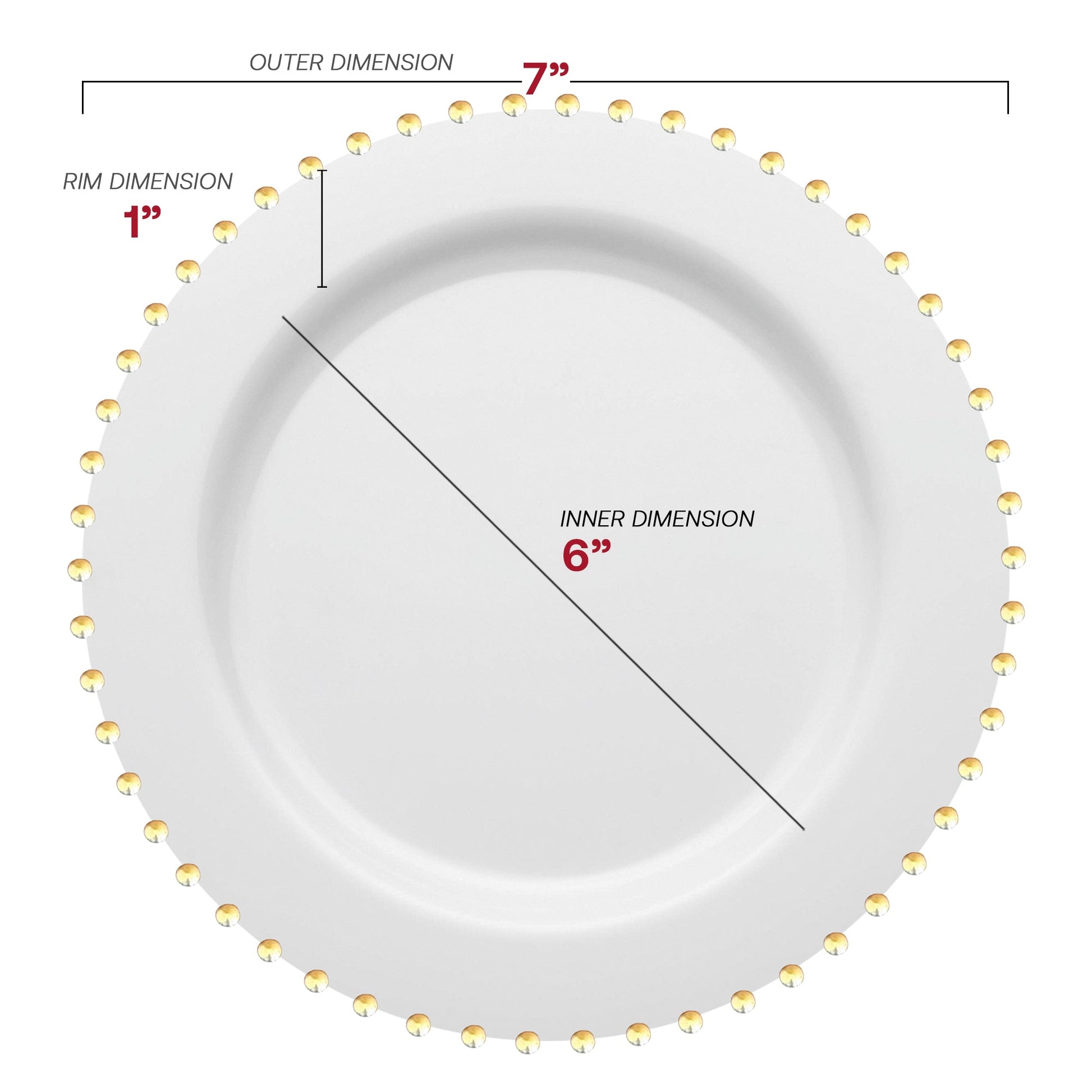 7-inch white disposable salad plates with a decorative gold pearl string edge