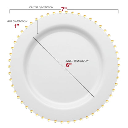 7-inch white disposable salad plates with a decorative gold pearl string edge