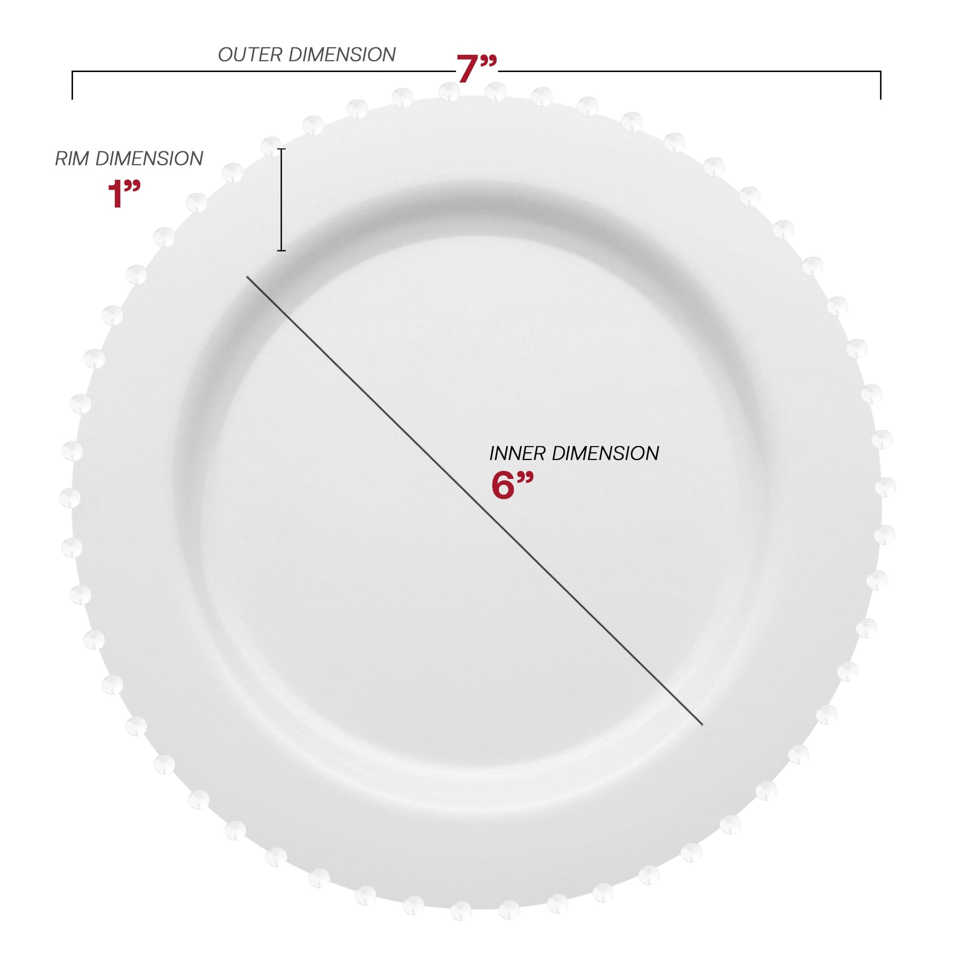 7-inch white disposable salad plates with a decorative pearl string edge