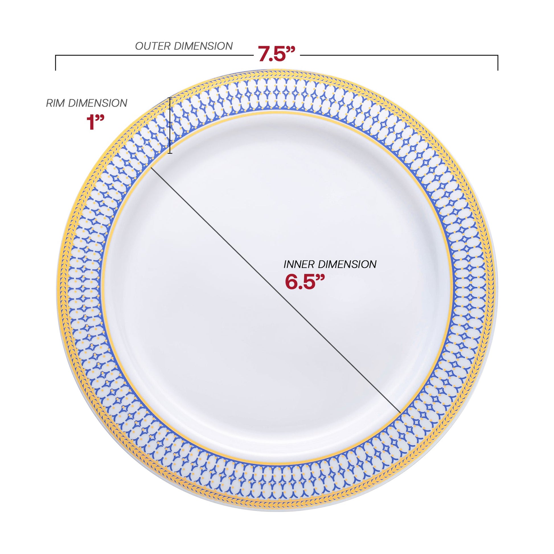 7.5-inch round appetizer plate with blue and gold chord rim, ideal for serving starters or desserts