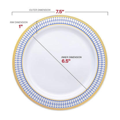 7.5-inch round appetizer plate with blue and gold chord rim, ideal for serving starters or desserts