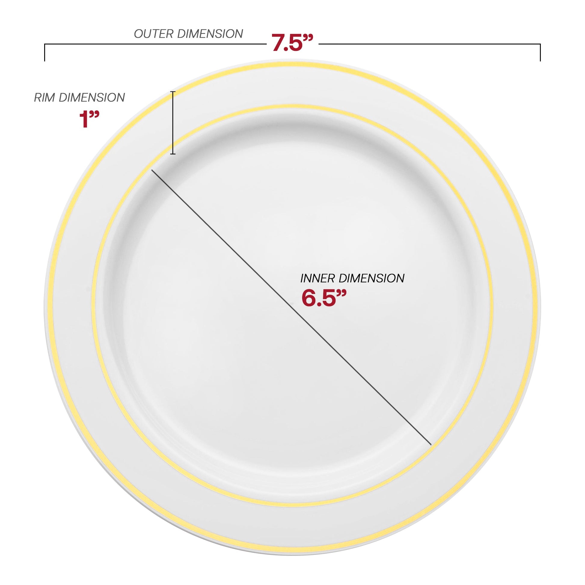 7.5-inch round white salad plates with elegant gold rim
