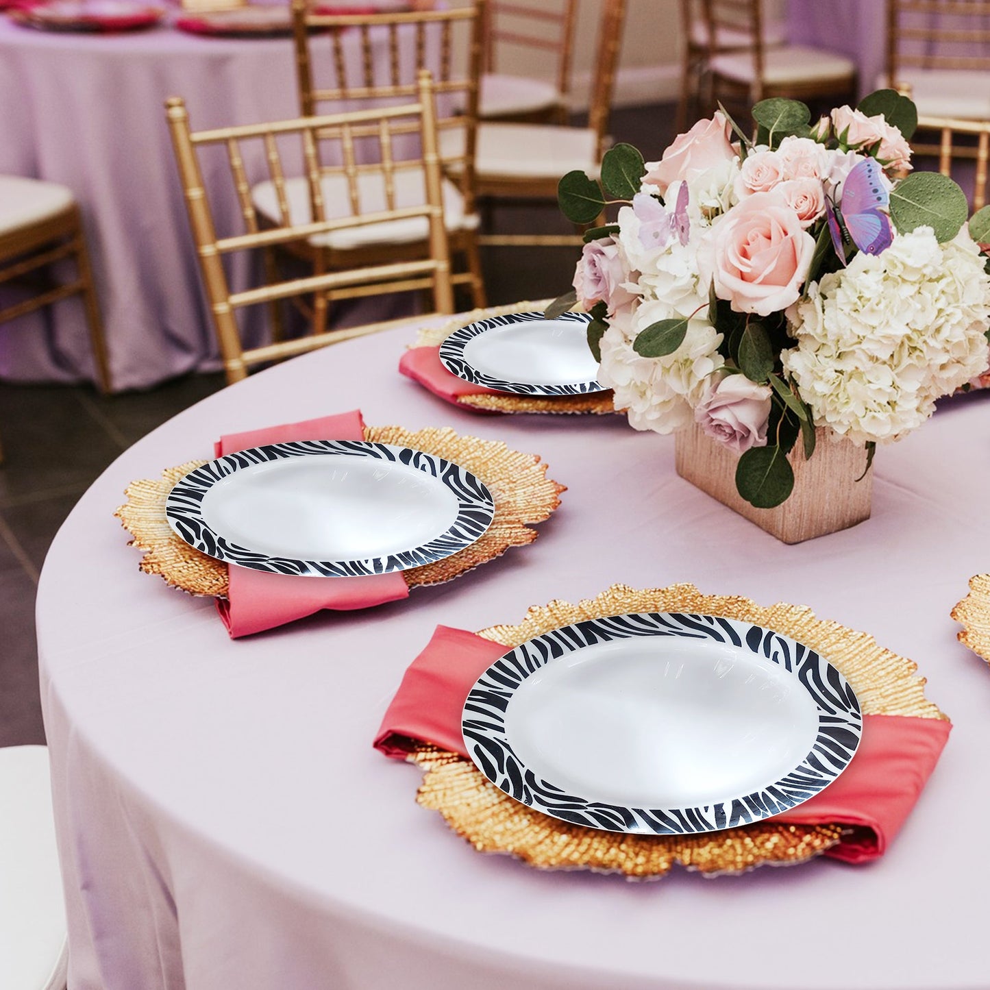 7.5" plates with bold zebra prints served fruit and greens at a jungle-inspired brunch.