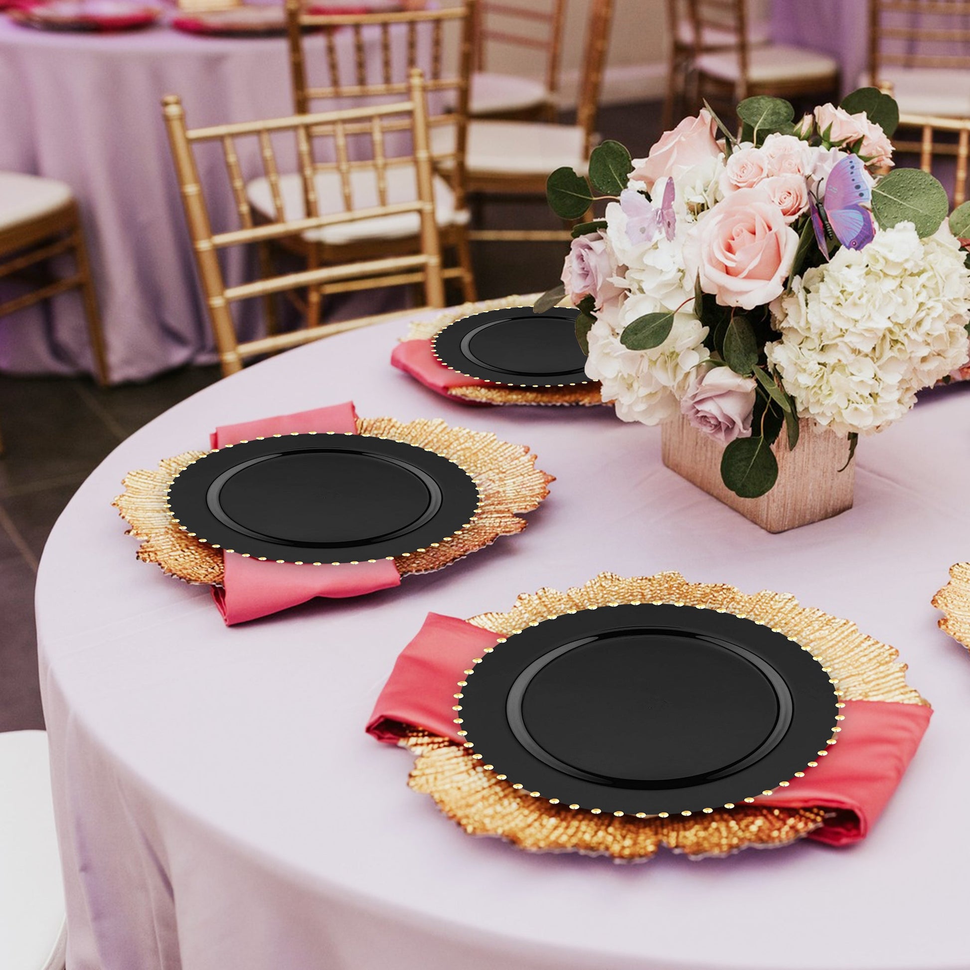 7" black plates were used for salads during an upscale cocktail party with candlelit ambiance.