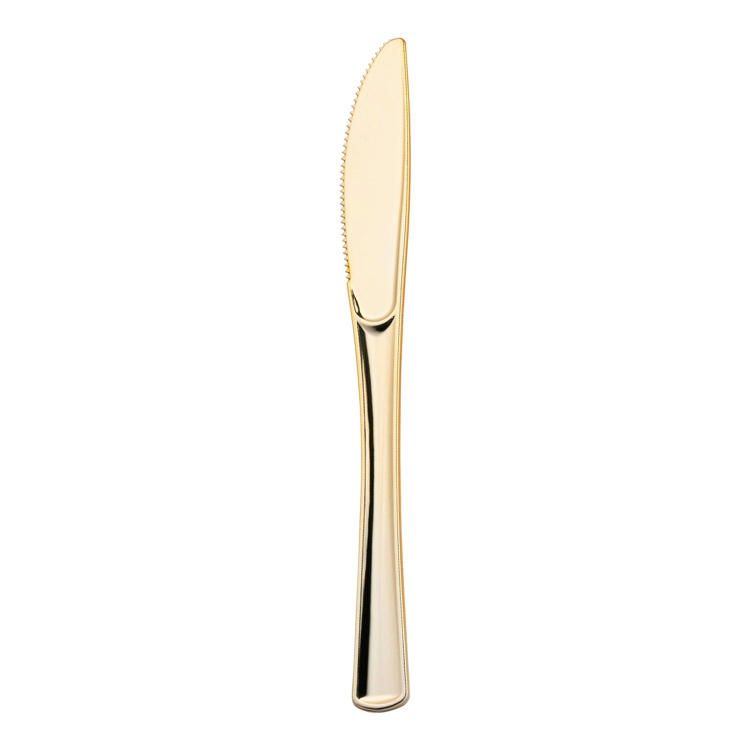 8-inch shiny metallic gold plastic knives, designed for durability and style at weddings, parties, and corporate events