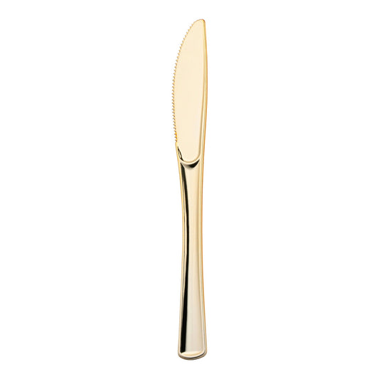 8-inch shiny metallic gold plastic knives, designed for durability and style at weddings, parties, and corporate events