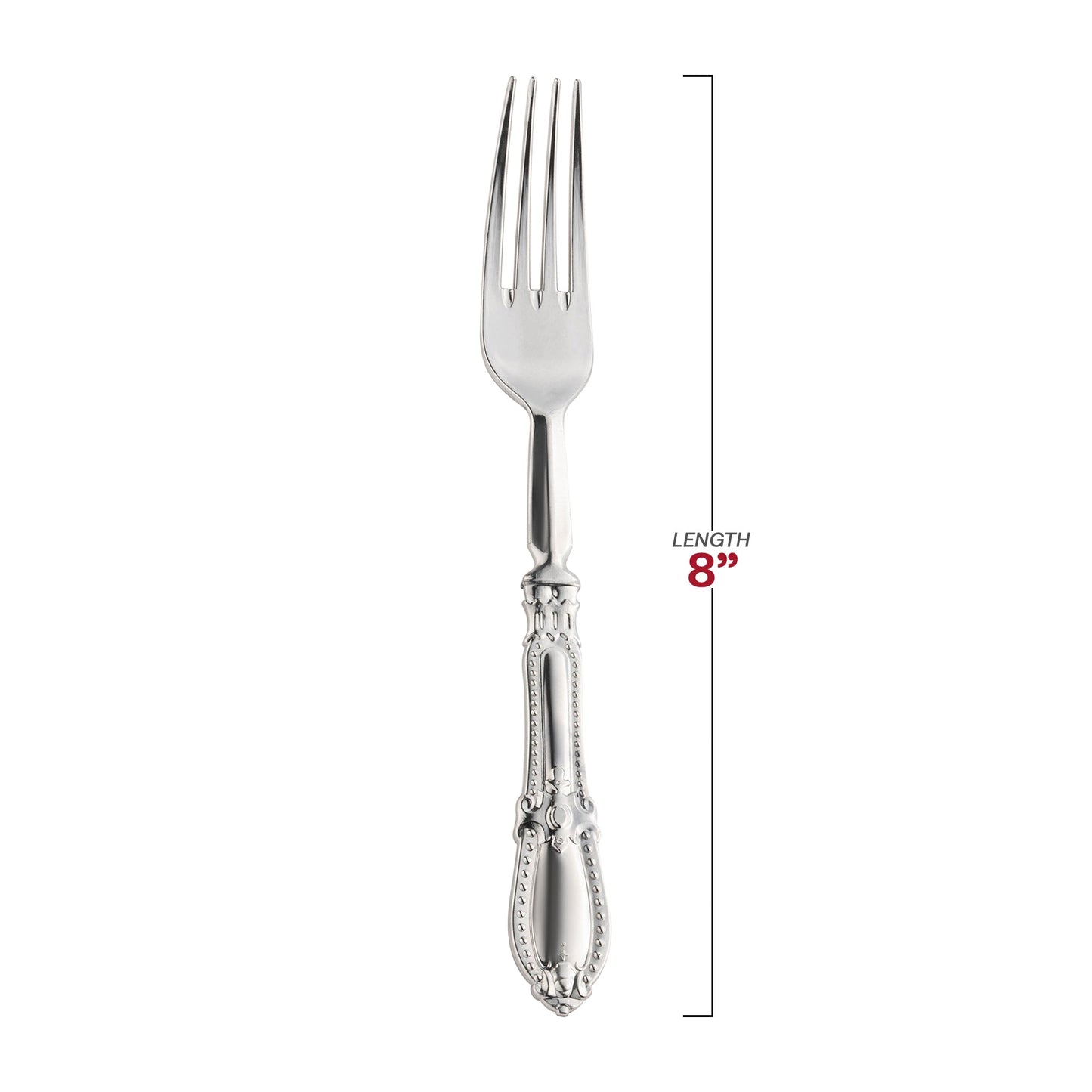 8" silver Baroque plastic forks with a refined design, adding sophistication to any meal
