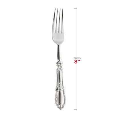8" silver Baroque plastic forks with a refined design, adding sophistication to any meal