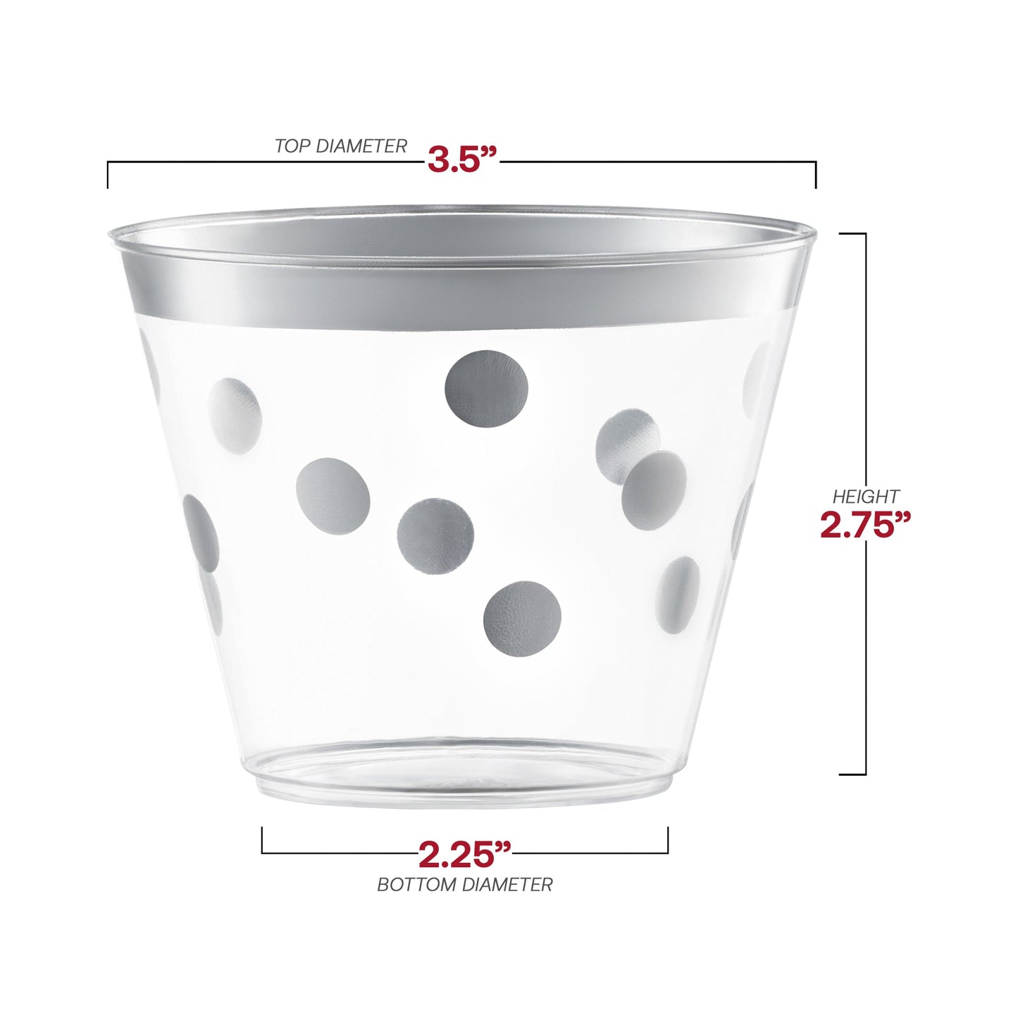 9 oz clear plastic party cups with silver dots, round, disposable, 240-pack