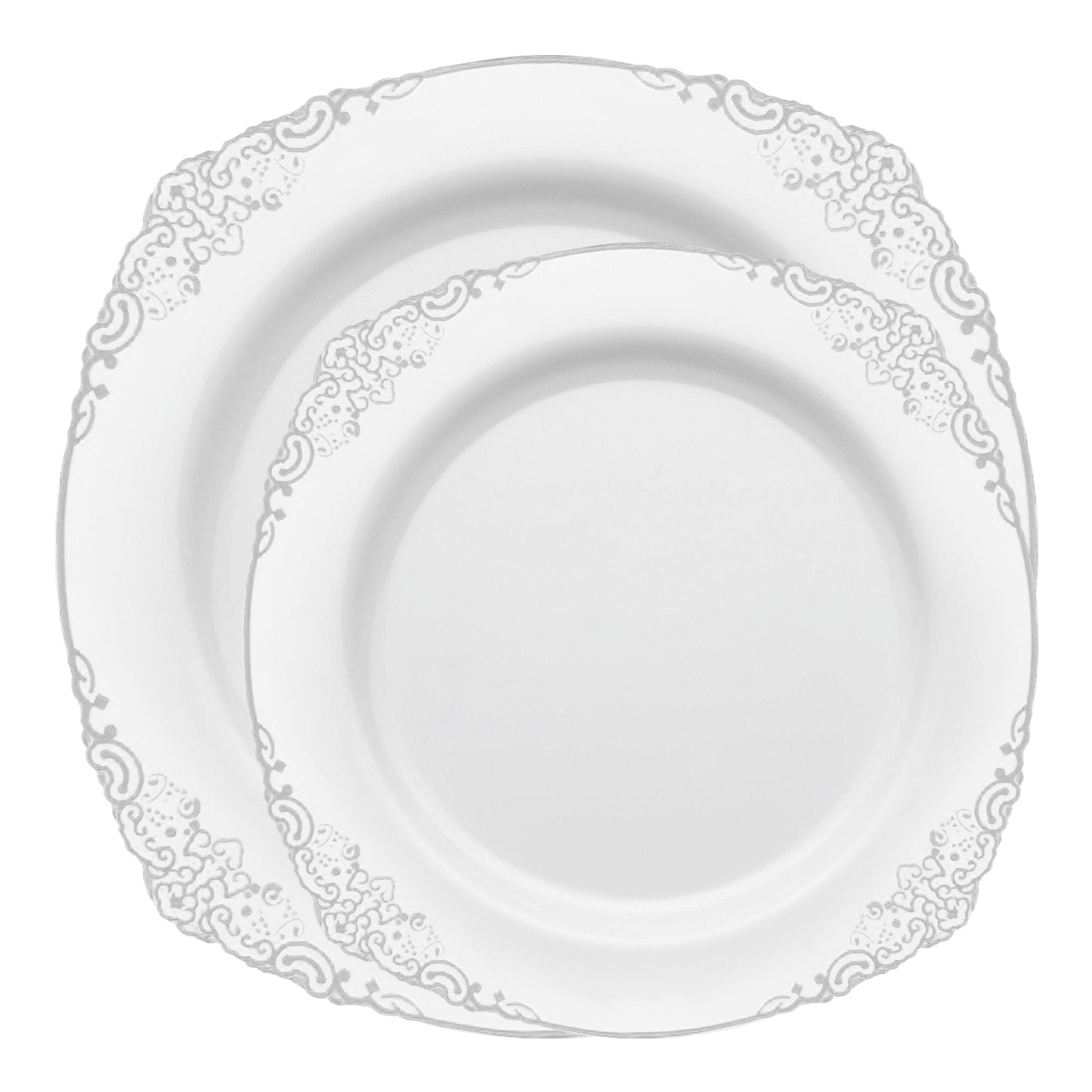 Add a refined touch to your events with the White with Silver Fancy Round Disposable Dinnerware Set