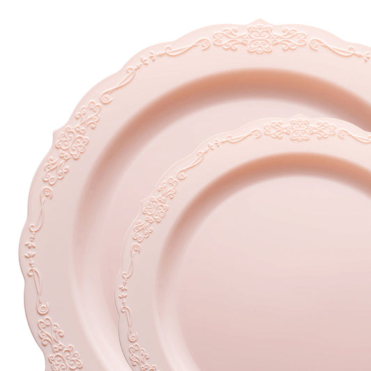 Add a touch of elegance to your table with this Pink Vintage Round Disposable Plastic Dinnerware Set, featuring a charming vintage design