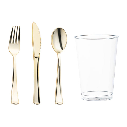 Add a touch of glam to your party with this Gold Disposable Plastic Cutlery and Cup Set