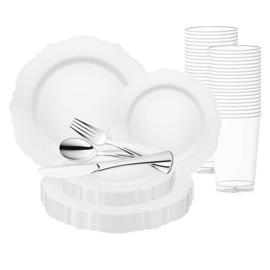 Add a touch of sophistication to your event with the White with Silver Rim Round Blossom Disposable Plastic Wedding Value Set, featuring a clean white design with elegant silver detailing