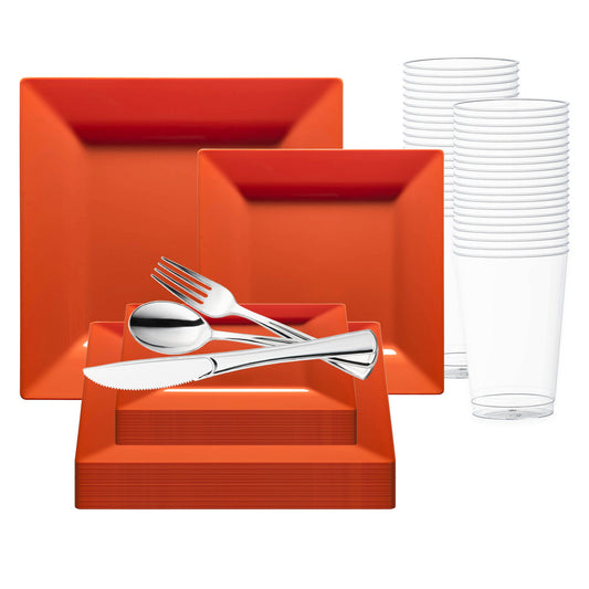 Add a vibrant, modern touch to event tables with the Burnt Orange Square Plastic Plates Wedding Value Set