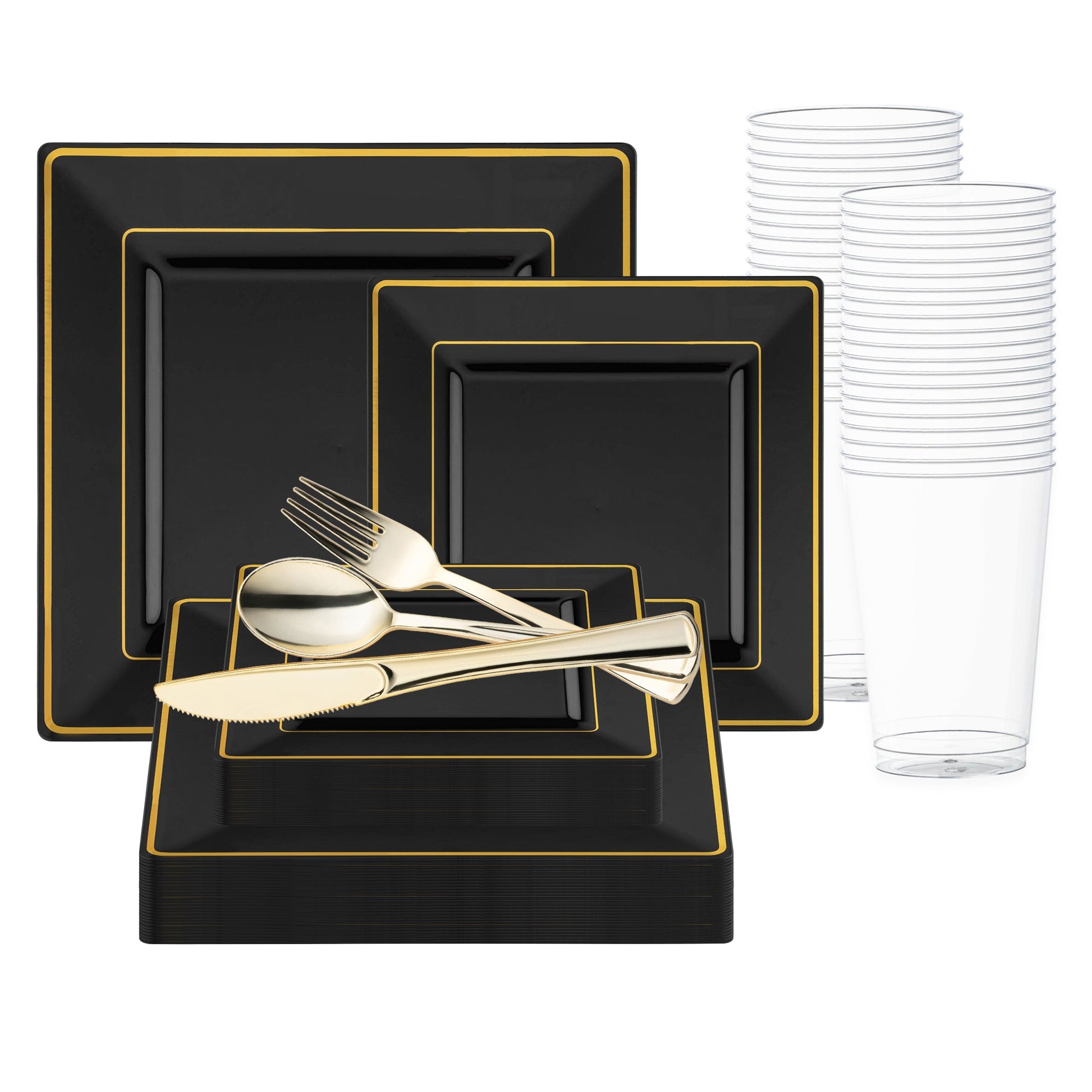 Add bold sophistication to your event with the Black with Gold Square Edge Rim Plastic Wedding Value Set, featuring gold cutlery