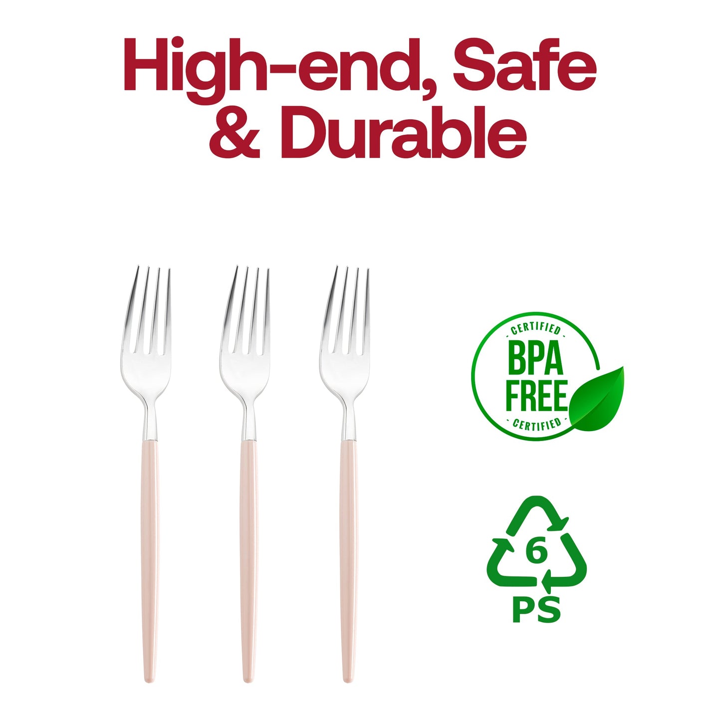 BPA-free Moderno disposable plastic dinner forks with silver heads and pink handles, 8 inches long, stylish and safe