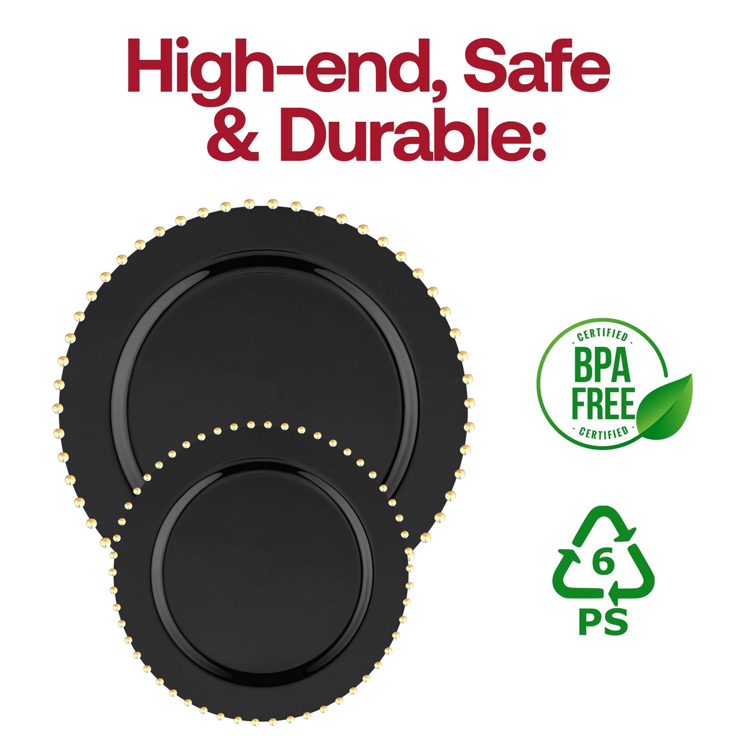 BPA-free black round dinner plates with a luxurious gold pearl string rim, 10-inch diameter