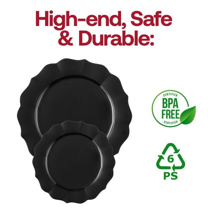 BPA-free black round lotus plastic dinner plates, 10.25-inch size, sold in a convenient 120-piece set for easy entertaining