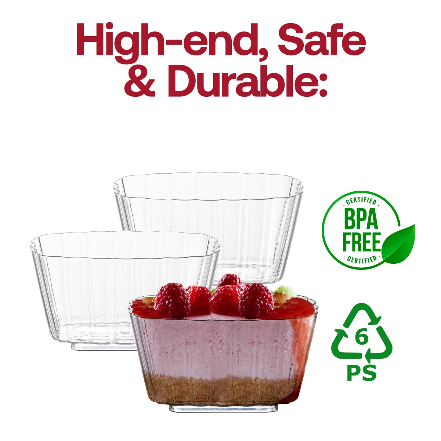 BPA-free clear rectangular pudding cups, 5.5 oz capacity, 3.5" x 3.5" size, disposable for serving desserts, 288 cups per case.