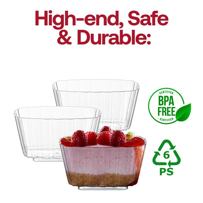 BPA-free clear rectangular pudding cups, 5.5 oz capacity, 3.5" x 3.5" size, disposable for serving desserts, 288 cups per case.