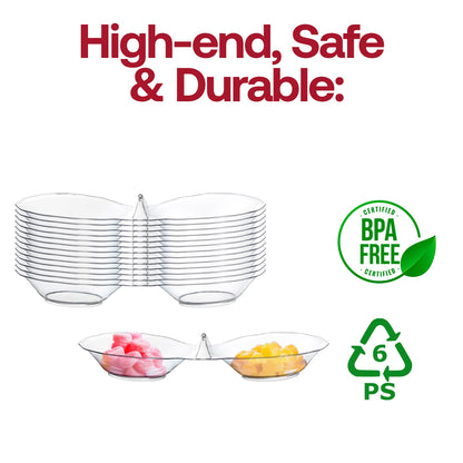 BPA-free clear round 2-hole mini plastic candy bowls, 2.75" diameter, ideal for portioned candy servings, 288 bowls per case.