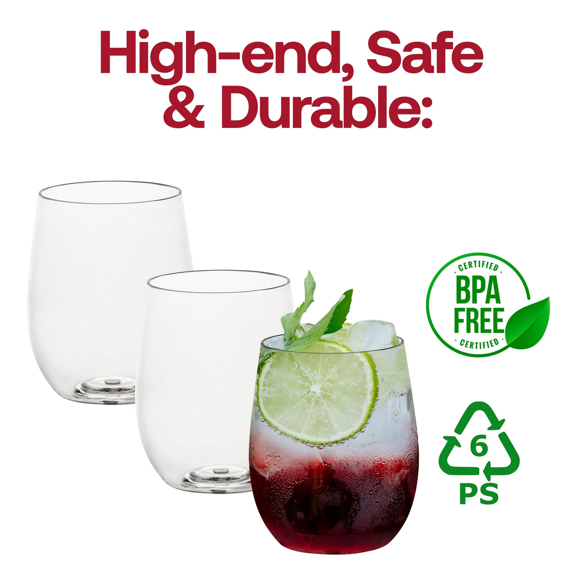 BPA-free clear stemless plastic wine glasses, 12 oz, safe and durable for serving wine, cocktails, and beverages at any event