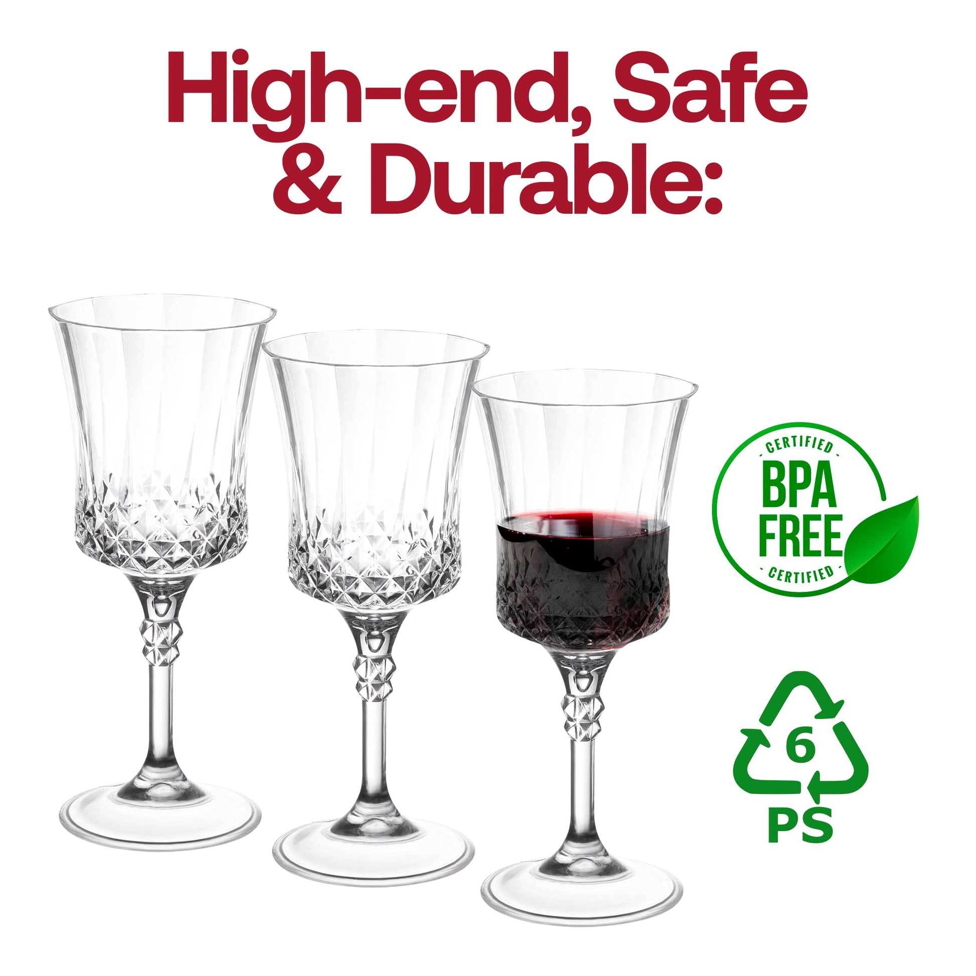BPA-free crystal cut plastic wine goblets with an 11 oz capacity, stylish design, and 48 pieces for safe, chic serving