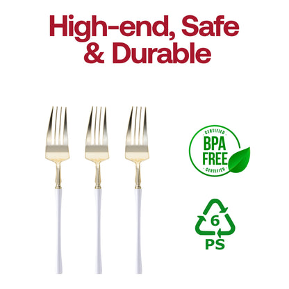 BPA-free disposable dinner forks in elegant gold with modern white handles, ideal for upscale occasions