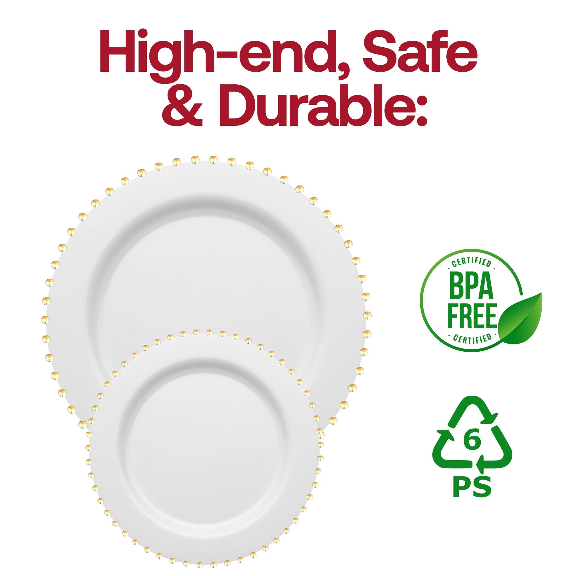 BPA-free white round dinner plates with a shiny gold pearl string rim, 10-inch diameter, durable and disposable