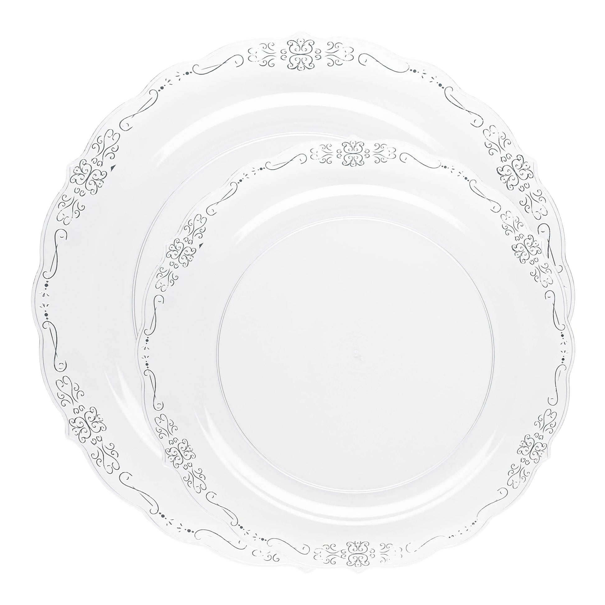Beautiful disposable dinnerware with a silver vintage rim, ideal for adding a touch of class to any celebration