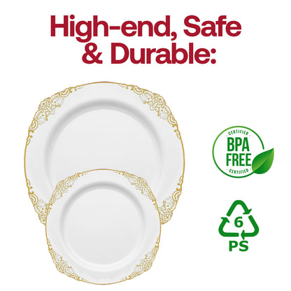 Beautifully arranged table with White with Gold Fancy Round plates creating a refined and cohesive party look