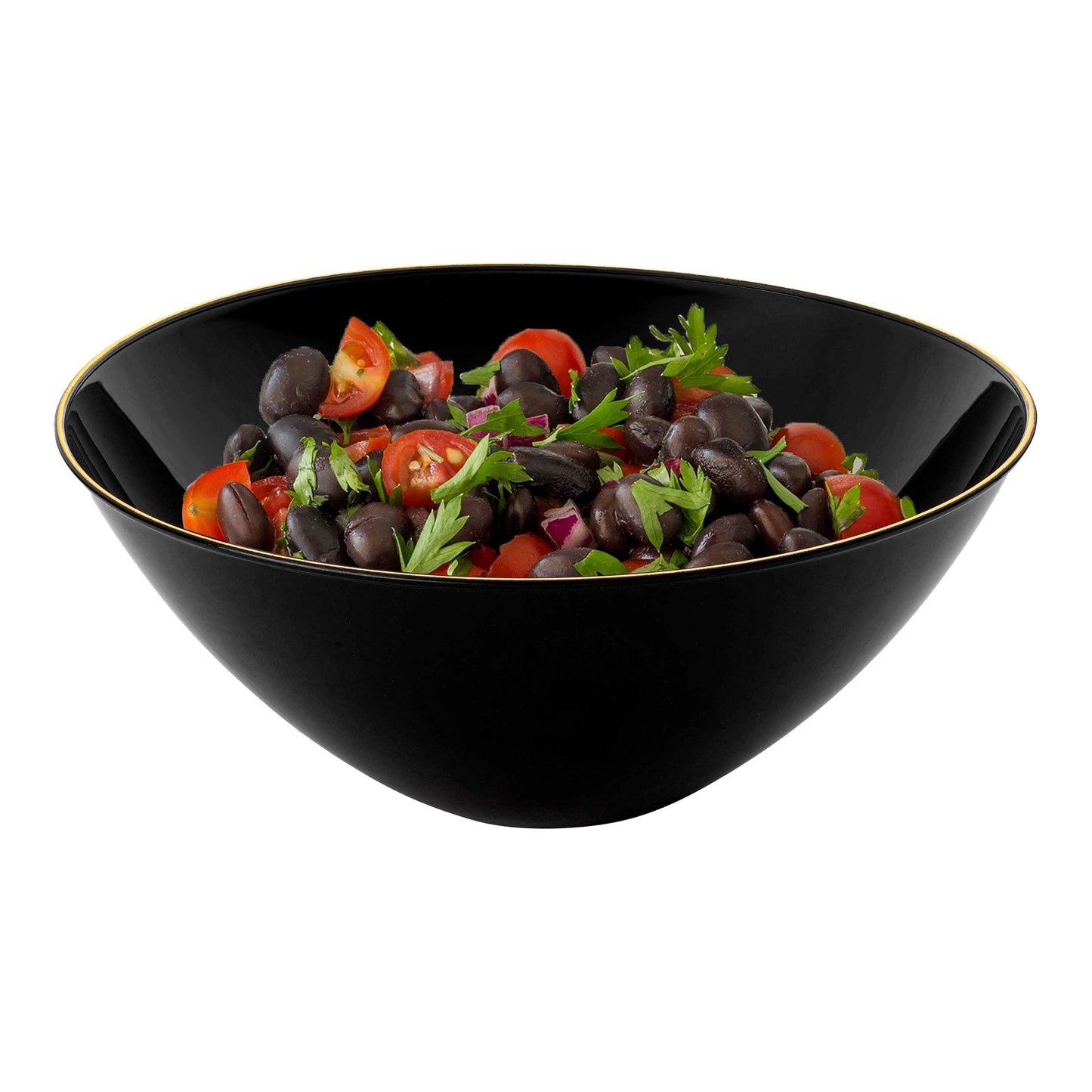 Black 32 oz round disposable plastic bowls with a gold rim