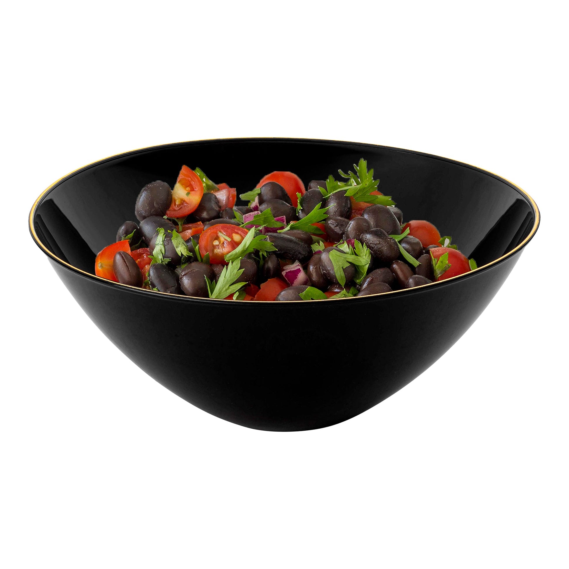 Black 32 oz round disposable plastic bowls with a gold rim