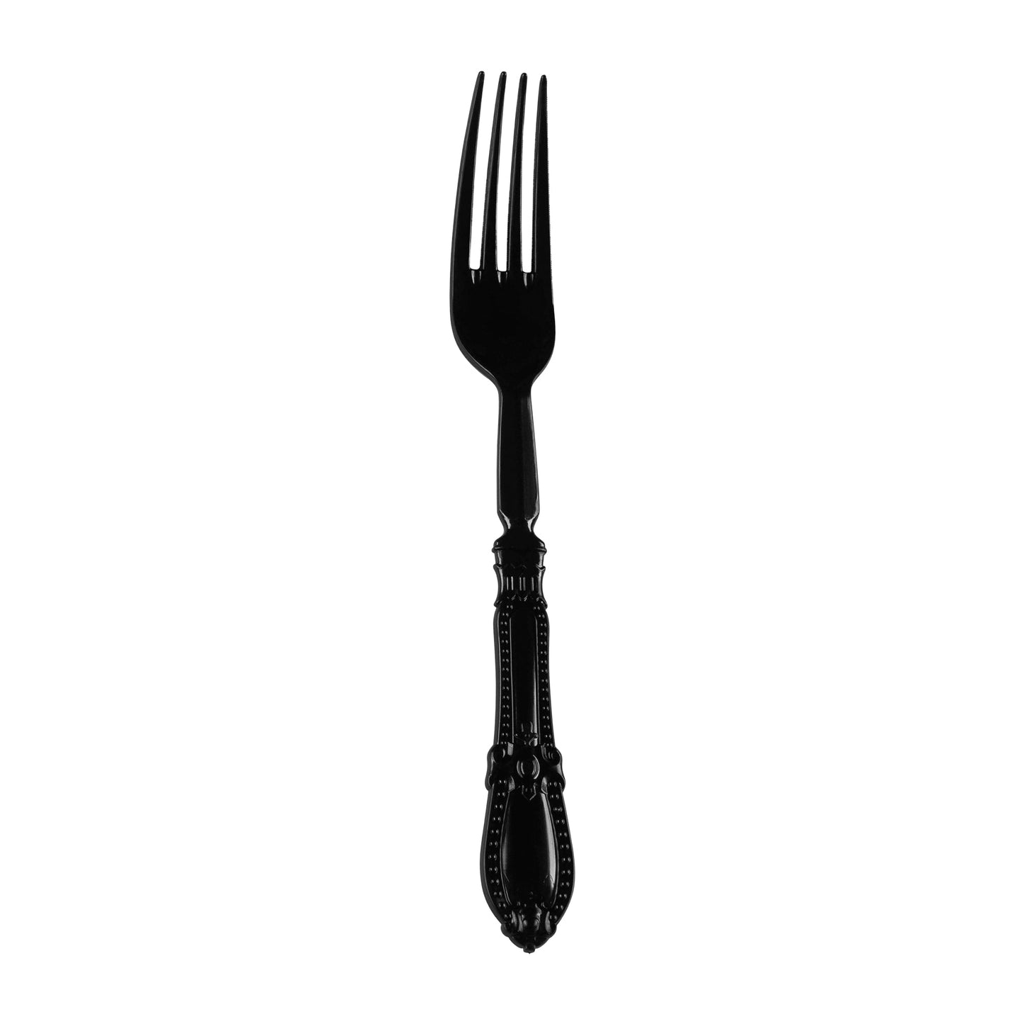 Black Baroque disposable plastic dinner forks, 8 inches long, featuring an ornate design, sold in a case of 480