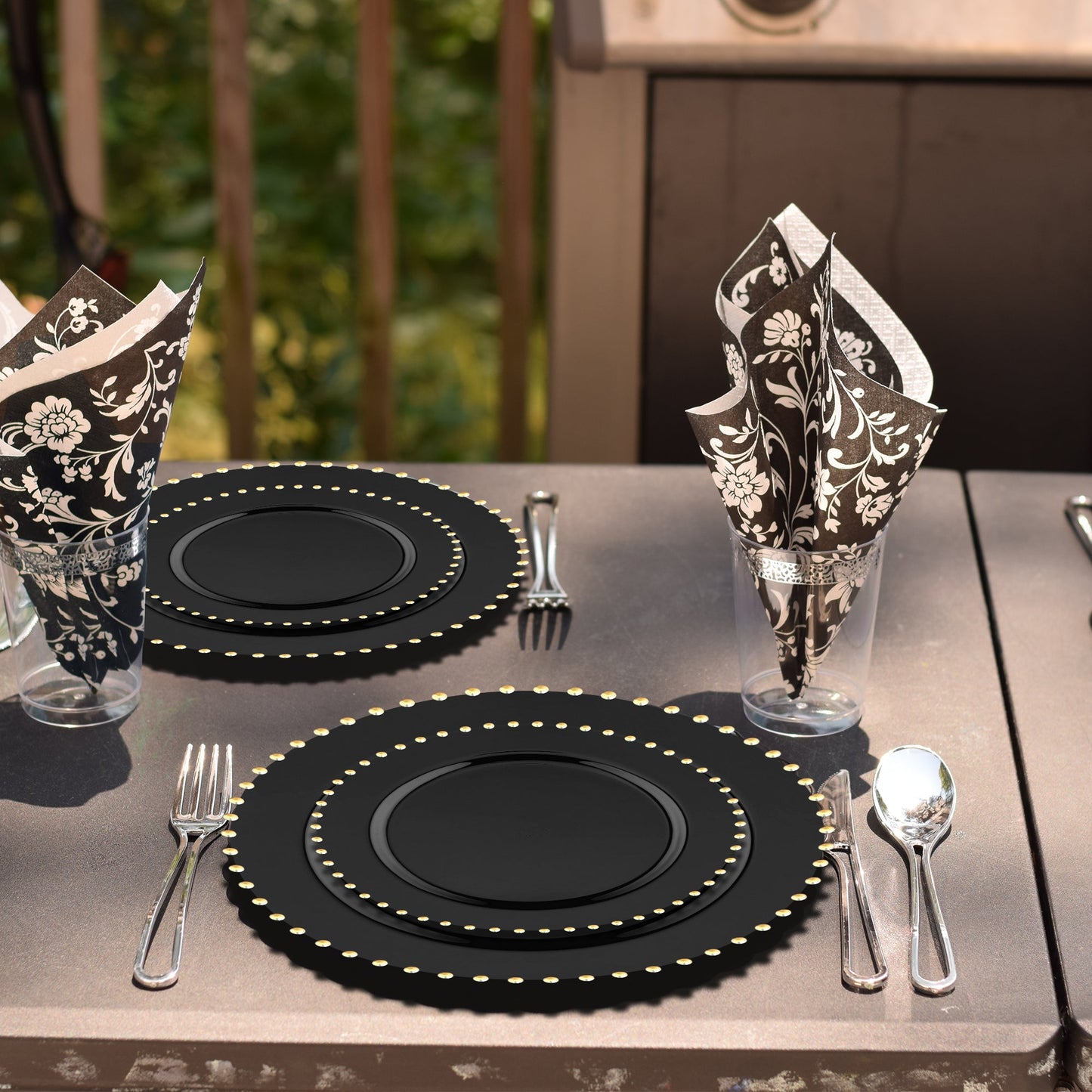 Black Pearl String Salad Plates held gourmet starters at a luxury event with black-and-gold tones.