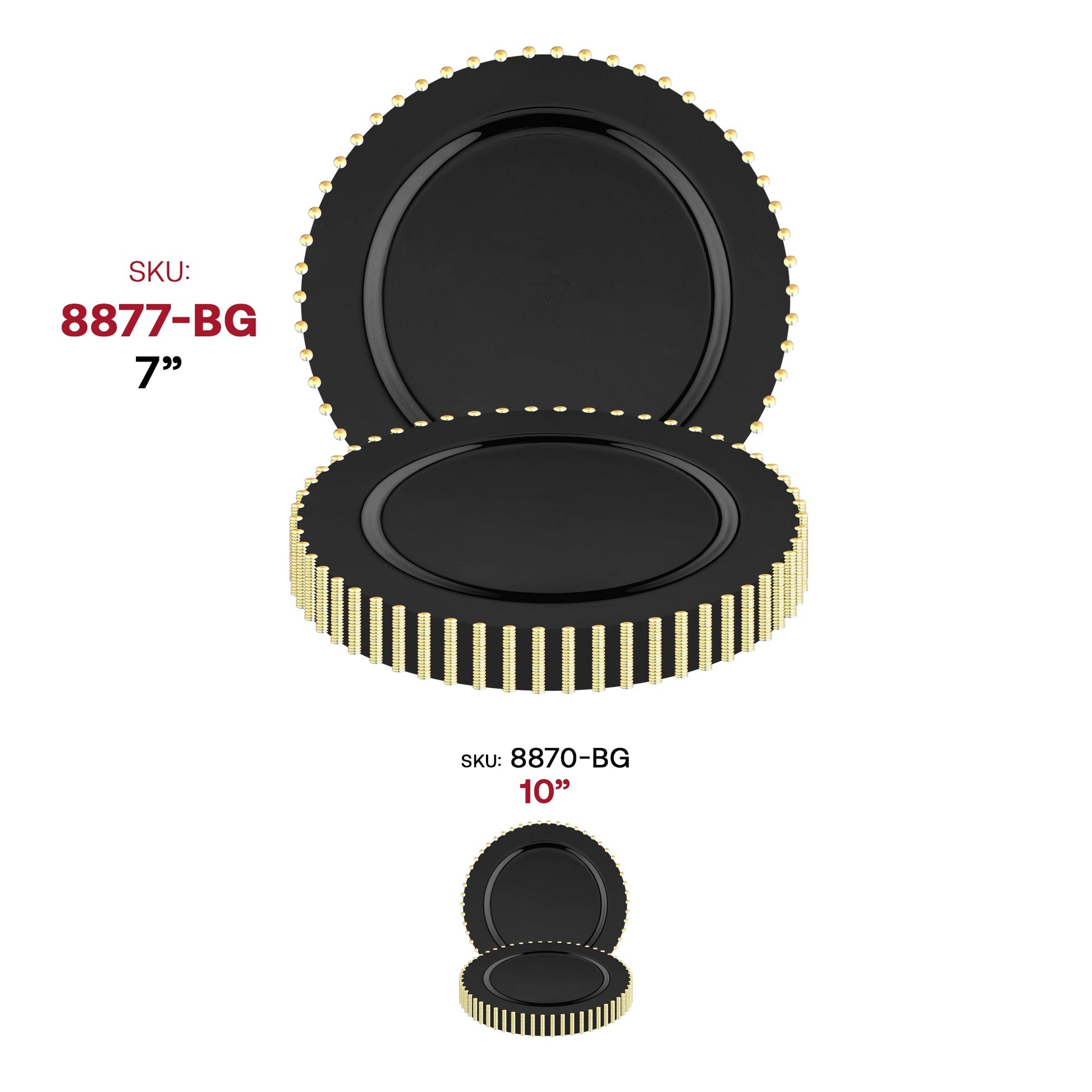 Black and gold salad plates with a pearl string accent, round disposable plastic design, 7-inch diameter