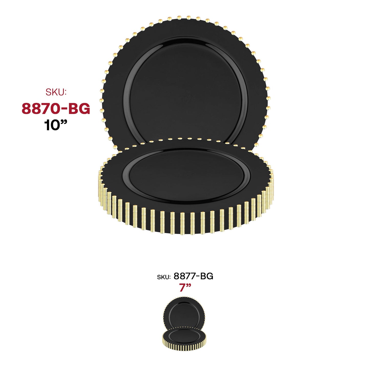 Black disposable dinner plates with a shiny gold pearl string rim, 10 inches wide