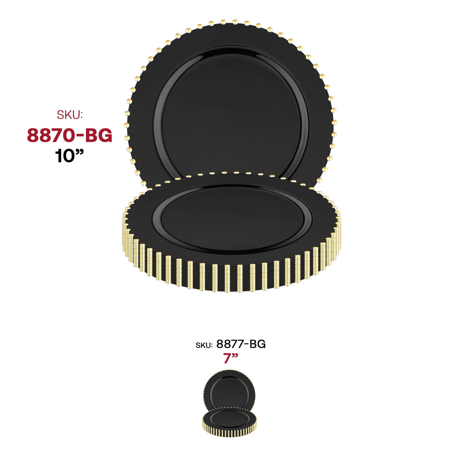 Black disposable dinner plates with a shiny gold pearl string rim, 10 inches wide