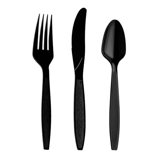 Black disposable plastic cutlery set, includes forks, knives, and spoons, durable and perfect for large events or catering