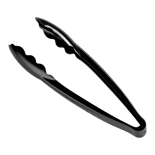 Black disposable plastic serving tong, perfect for handling and serving a variety of foods at events