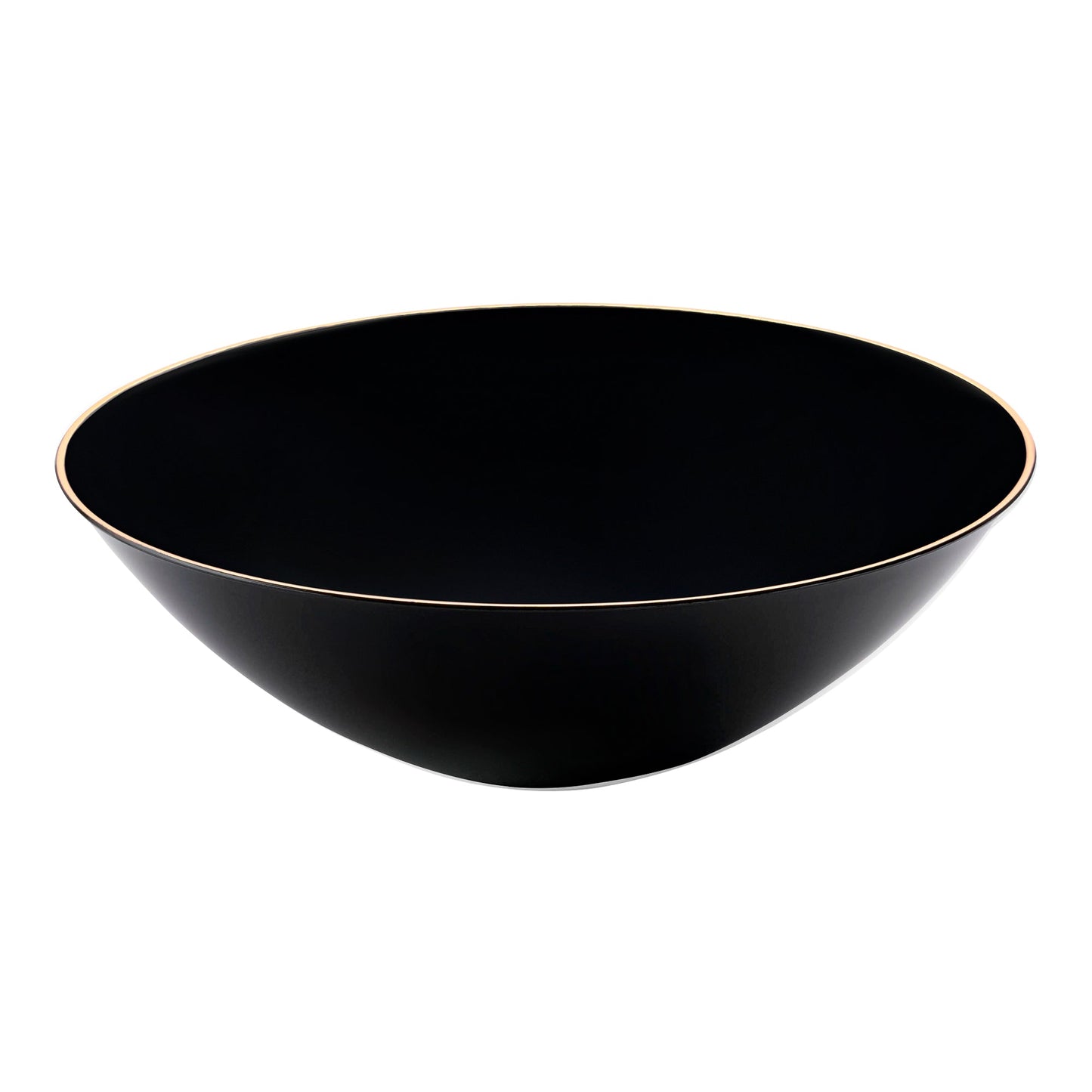 Black disposable plastic soup bowls with gold rim, round design