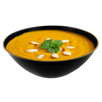 Black plastic bowls with a shiny gold rim, 32 oz round design, organic and disposable