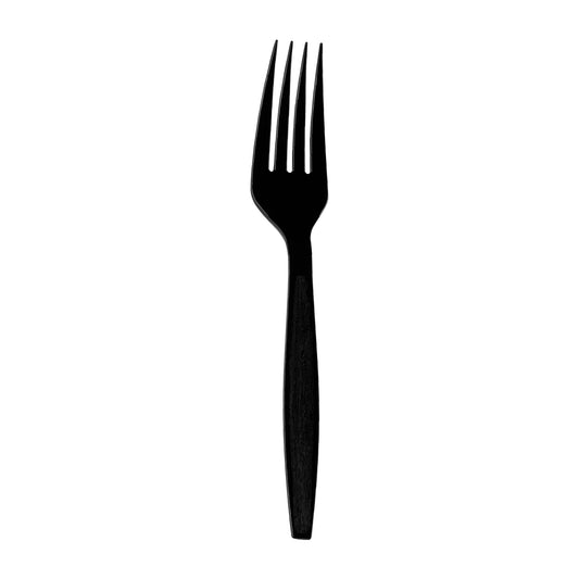 Black plastic disposable forks, 7 inches long, durable and stylish for everyday use and events