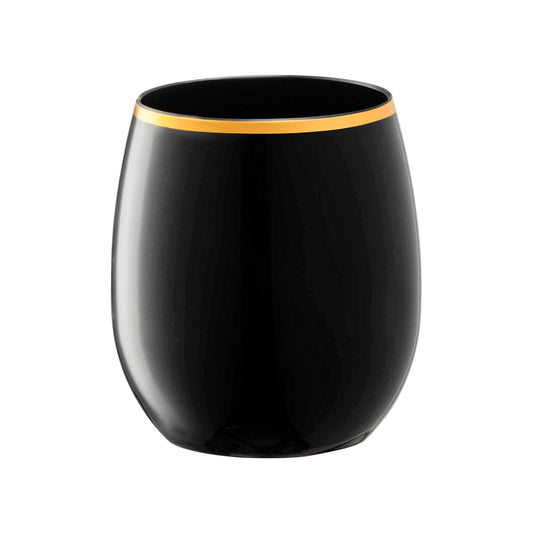 Black plastic stemless wine glasses with gold accents, perfect for luxury-themed events and stylish entertaining