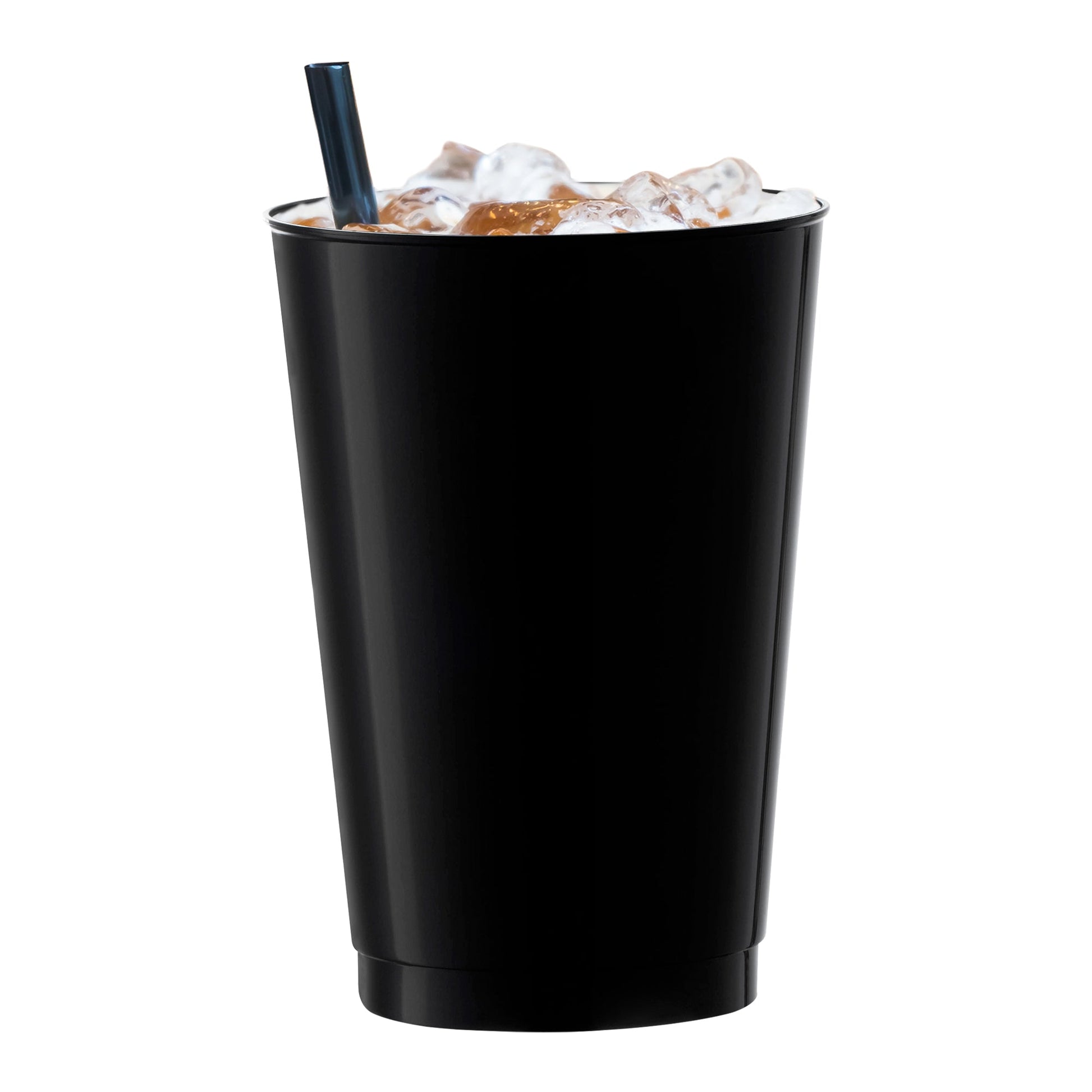Black plastic tumblers with a classic round shape, 12 oz capacity, perfect for serving cold drinks